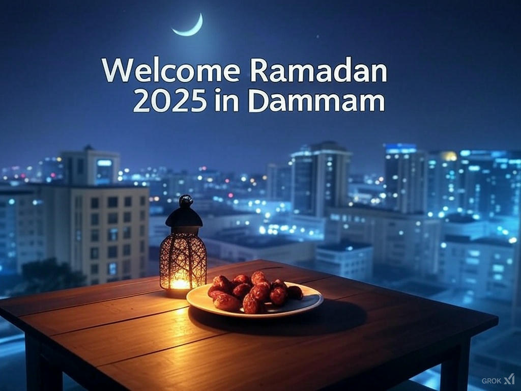 Crescent moon over Dammam skyline with dates and lantern for Ramadan Saudi Arabia 2025