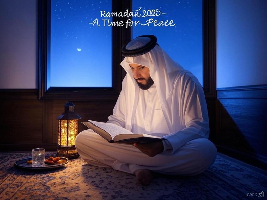 Person praying with Quran and dates during Ramadan Saudi Arabia 2025